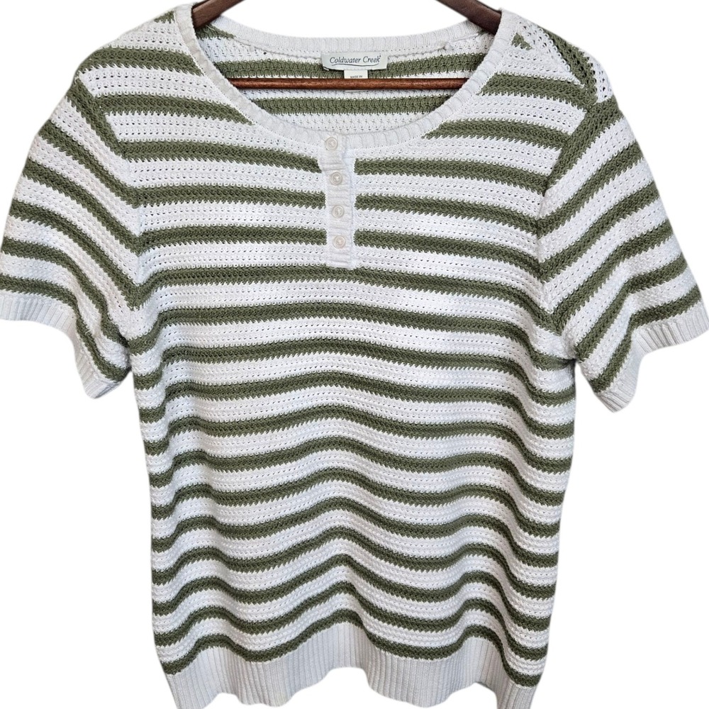 Coldwater Creek Womens Striped Knit‎ Henley Olive Green White Sweater Top PL